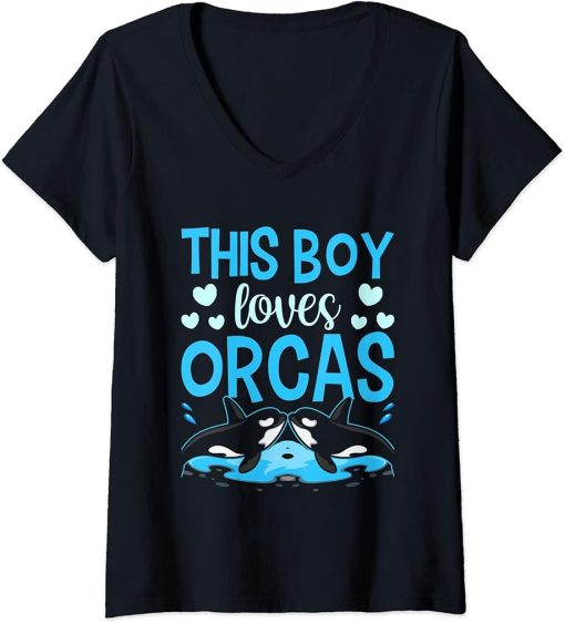 Womens This Boy Loves Orcas Sea Protect Whale Orca V-Neck T-Shirt