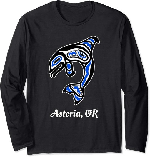 Blue Native American Astoria OR Tribal Orca Killer Whale Long Sleeve T-Shirt