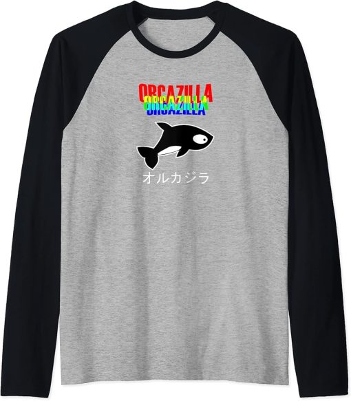 Orcazilla Funny orca whale fish design Raglan Baseball Tee